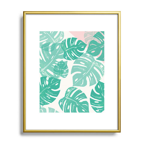 Bianca Green Linocut Monstera Rosy Metal Framed Art Print