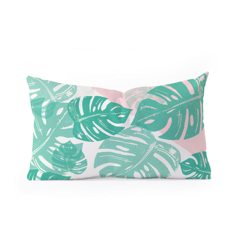 Bianca Green Linocut Monstera Rosy Oblong Throw Pillow