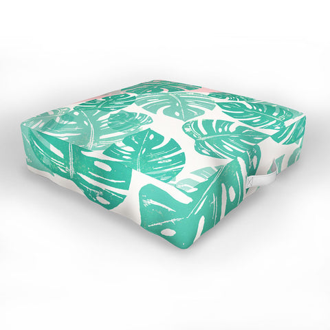 Bianca Green Linocut Monstera Rosy Outdoor Floor Cushion