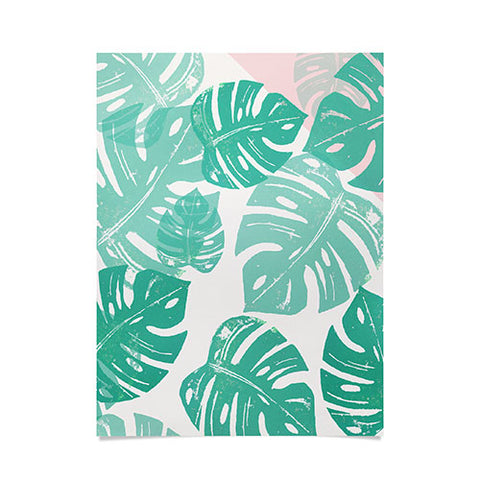Bianca Green Linocut Monstera Rosy Poster