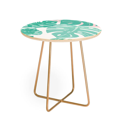 Bianca Green Linocut Monstera Rosy Round Side Table