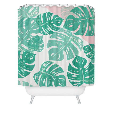 Bianca Green Linocut Monstera Rosy Shower Curtain