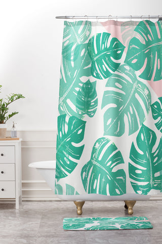 Bianca Green Linocut Monstera Rosy Shower Curtain And Mat