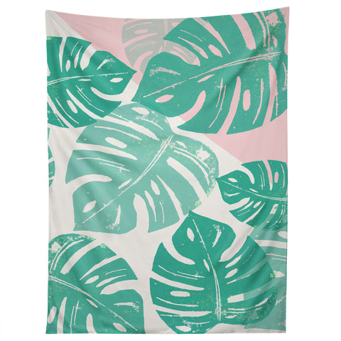 Bianca Green Linocut Monstera Rosy Tapestry