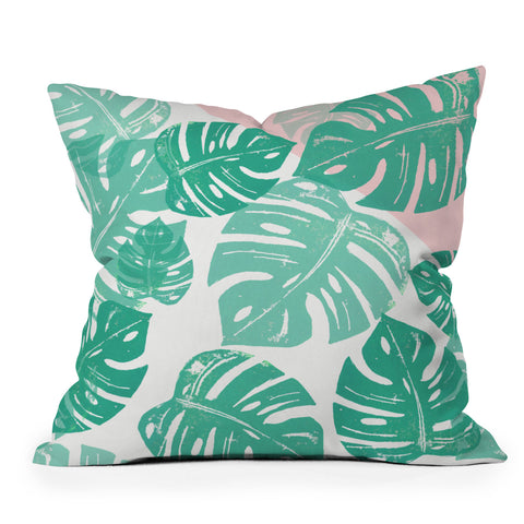 Bianca Green Linocut Monstera Rosy Outdoor Throw Pillow