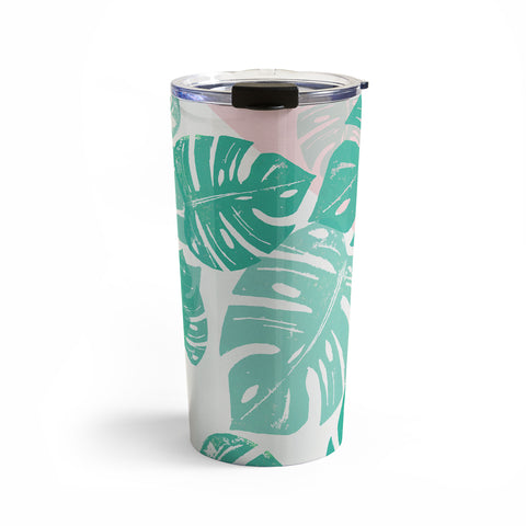 Bianca Green Linocut Monstera Rosy Travel Mug