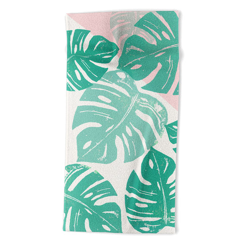 Bianca Green Linocut Monstera Rosy Beach Towel