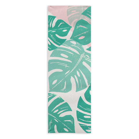 Bianca Green Linocut Monstera Rosy Yoga Towel
