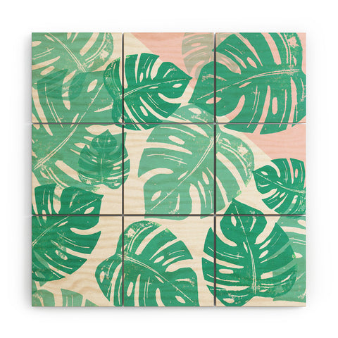 Bianca Green Linocut Monstera Rosy Wood Wall Mural