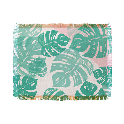 Bianca Green Linocut Monstera Rosy Throw Blanket