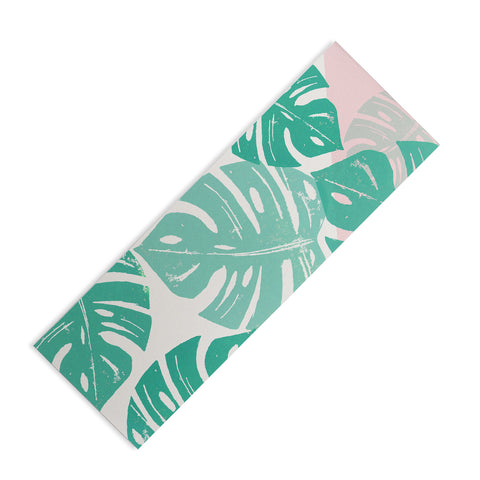Bianca Green Linocut Monstera Rosy Yoga Mat