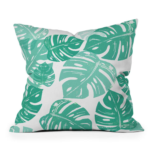 Bianca Green Linocut Monstera Outdoor Throw Pillow