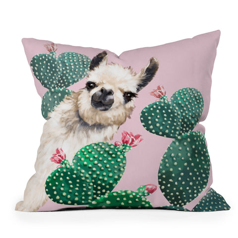 Big Nose Work Llama and Cactus Pink Outdoor Throw Pillow