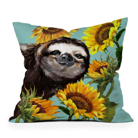 Big Nose Work Sneaky Sloth with Sunflowers Outdoor Throw Pillow