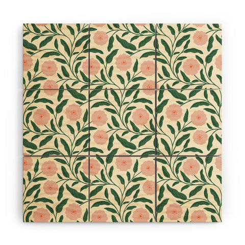 BlueLela Bold Pink Botanical Blooms Light Wood Wall Mural