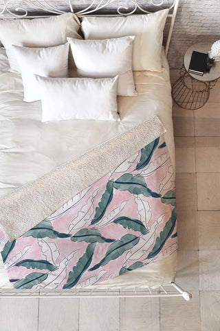 Britt Mills Design Banana Leaves Pink Fleece Throw Blanket