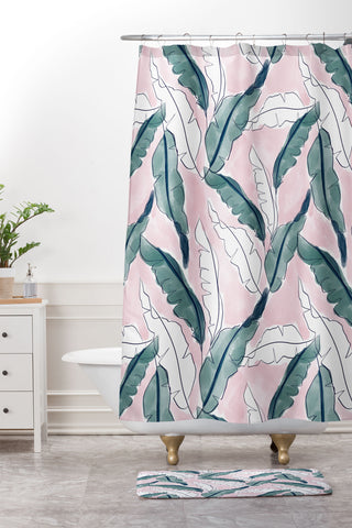 Britt Mills Design Banana Leaves Pink Shower Curtain And Mat