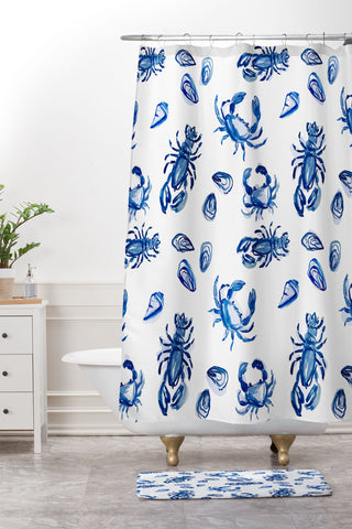 Britt Mills Design Blue and White Sea Life II Shower Curtain And Mat