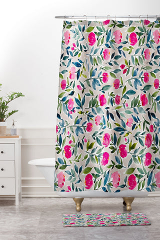 Britt Mills Design Popping Peonies Beige Shower Curtain And Mat