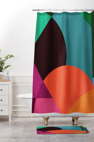 By Brije Pink Sunsets Geometric Abstract Shower Curtain And Mat