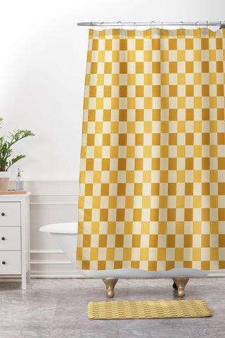 By Brije Yellow Crossings Classic Gingham Checker Shower Curtain And Mat