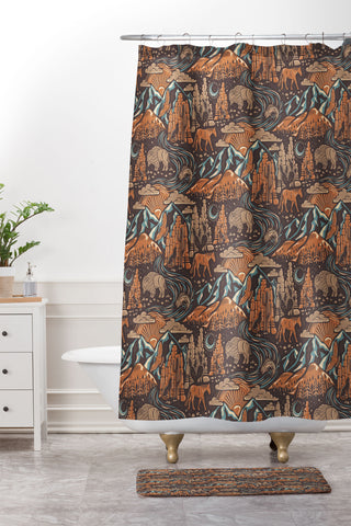 Byre Wilde Wild West Brown Orange Blue Shower Curtain And Mat