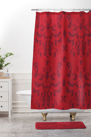 Camilla Foss Modern Damask Red Shower Curtain And Mat