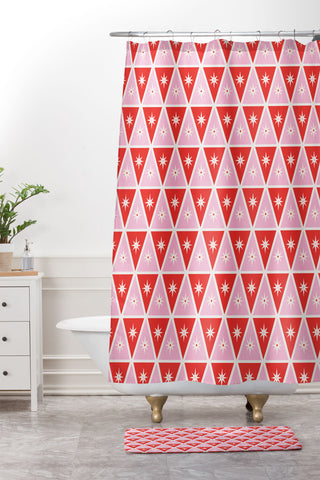 Carey Copeland Retro Christmas Triangles Red Shower Curtain And Mat