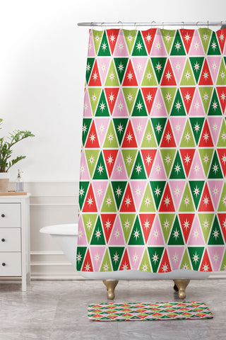 Carey Copeland Retro Christmas Triangles Shower Curtain And Mat