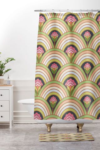 Carey Copeland Retro Rainbow Flowers Shower Curtain And Mat