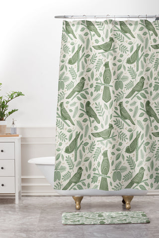 Carey Copeland Song Birds Green Shower Curtain And Mat