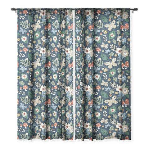 Carey Copeland Woodland Forest Flowers Navy Sheer Window Curtain