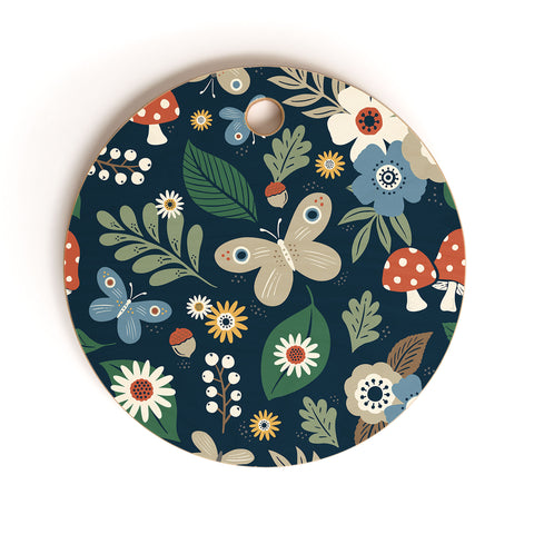 Carey Copeland Woodland Forest Flowers Navy Cutting Board Round