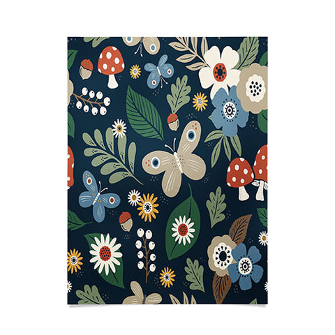 Carey Copeland Woodland Forest Flowers Navy Poster