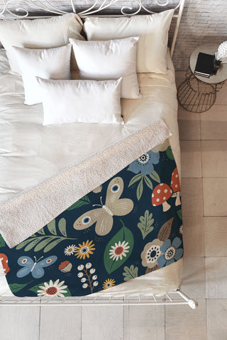 Carey Copeland Woodland Forest Flowers Navy Fleece Throw Blanket