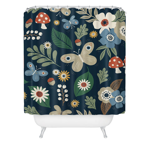 Carey Copeland Woodland Forest Flowers Navy Shower Curtain