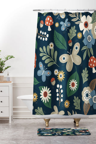 Carey Copeland Woodland Forest Flowers Navy Shower Curtain And Mat