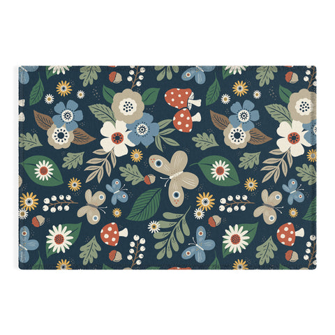 Carey Copeland Woodland Forest Flowers Navy Outdoor Rug
