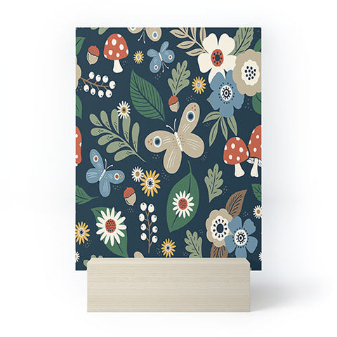 Carey Copeland Woodland Forest Flowers Navy Mini Art Print