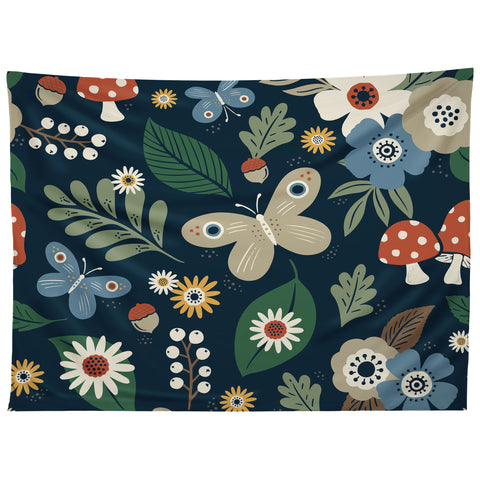 Carey Copeland Woodland Forest Flowers Navy Tapestry