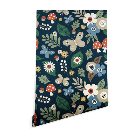 Carey Copeland Woodland Forest Flowers Navy Wallpaper