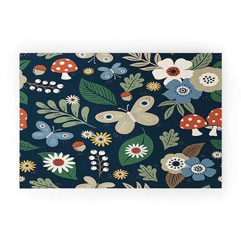 Carey Copeland Woodland Forest Flowers Navy Welcome Mat