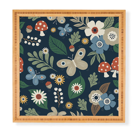 Carey Copeland Woodland Forest Flowers Navy Framed Wall Art