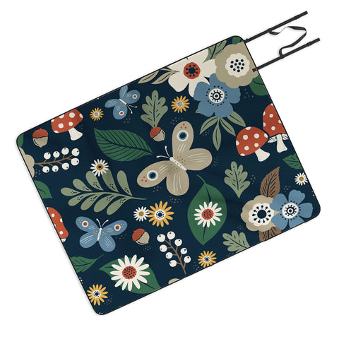 Carey Copeland Woodland Forest Flowers Navy Picnic Blanket