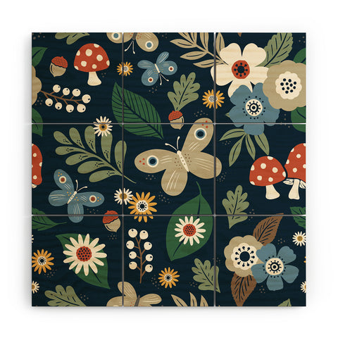 Carey Copeland Woodland Forest Flowers Navy Wood Wall Mural