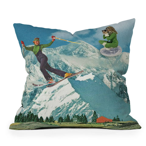 carolineellisart Apres Ski 5 Green Girls Outdoor Throw Pillow