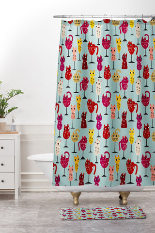 Carrie Cantwell Feline Wine Cats in Wine Glass Shower Curtain And Mat