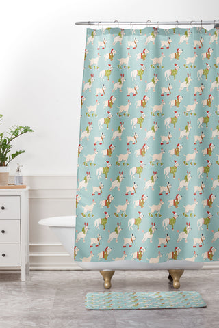 Carrie Cantwell Retro Christmas Winter Dogs Shower Curtain And Mat