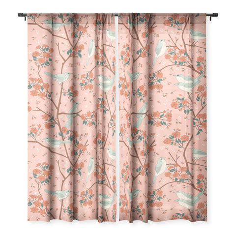 carriecantwell Birds Cherry Blossom Trees Sheer Non Repeat