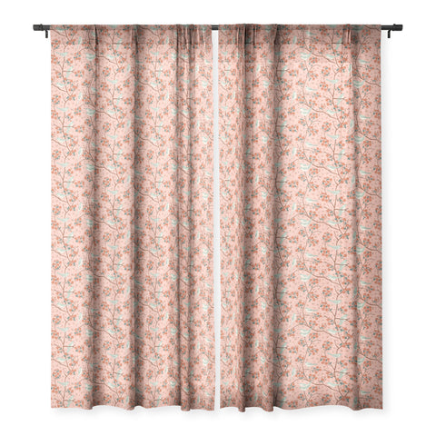 carriecantwell Birds Cherry Blossom Trees Sheer Window Curtain